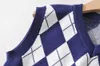 90s vintage azul argyle xadrez tricotada camisola colete estilo preppy vestuário coreano menina legal menina v neck sem mangas jumper y2k knitwear 210429