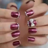 False Nails 3D Decoration Wine Red Fake Nail Shimmer Rhinestone Designed Short Square Elegant Full Art Tips Prud22