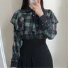 All Match Plaid Gentle Chic Office Lady Sweet Girls Geometric Ruffles Toppar Elegans Blusar Högkvalitativa Skjortor 210525