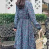 Red Blue Turn Down Collar Long Sleeve Loose Floral Print Button Knee Length Shirt Dress Corduroy Autumn D1436 210514