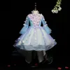 Light Blue Tulle Princess Ball Gowns Wedding Tutu Dress for Girl Beading Appliques Party Flower Girl Dresses Trailing Prom Gowns Q0716