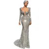 Silver Sequined Mermaid Prom Dress Sexy Deep V Neck Long Sleeve Crystal Sequins Evening Dresses Sweep Train Pageant Gowns