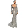 Zilveren lovertjes Mermaid Prom Dress Sexy Deep V-hals met lange mouwen Crystal Pailletten Avondjurken Sweep Train Pageant Towns