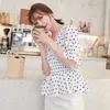 韓国の半袖ドットVネックの女性ブラウス19夏のオフィスカジュアルホワイトスリムエレガントな甘い貴重な女性シャツ4933 50 210527
