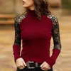 Women's T-Shirt Fashion Sexy Lady Pullover Lace Stitching Long-sleeved Solid Color Women Tops Autumn Winter Half High Neck T-Shirts Tees S-2