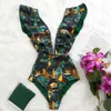 Sexy à volants imprimé Floral maillot de bain hors de l'épaule maillots de bain femmes solide Deep-V maillots de bain maillot de bain Monkini 210611