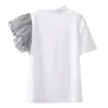 O Neck Krótki rękaw Hit Color T Shirt Kobieta Odzież Letnia Patchwork Dot Mesh Topy Kobiety White 16W690 210510