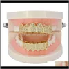 Luxury Bling Zircon Teeth Brushed Street Fashion Rappers M￤n kvinnor 18K Gold Rhodiium Plated Copper Hip Hop Grillz 2 -stycken Set Vampire Me