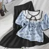 Kimutomo Two Piece Set Color Contrast Fungus Lace Up O-neck Floral Print Short Sleeve Shirt + Elastic Waist Skirt Women Suit 210521