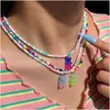 Collana di perline rotonde colorate bohémien per donne Collana con pendente a forma di orso in resina arcobaleno sfumato carino Regali per ragazze di gioielli di moda