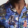 Herren-Freizeithemden/Marineblau, 21 ss, rosafarbenes japanisches Geisha-Druck-Stil, lockeres, kurzärmliges Hawaii-Hemd