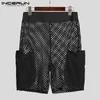 Moda homens calções de malha ver através de casuais sólidos bolsos de cor festa nightclub shorts streetwear homens sexy bottoms s-5xl incerun h1206