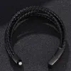 Trending fashionabla smycken flera lager läder flätat armband rostfritt stål svart magnet äkta män armband inte22