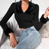 Mode zwarte lange mouwen pluizige turn-down kraag knop lente herfst vrouwen shirt bijgesneden top slanke elastische casual tops 210508