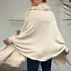 LOGAMI Fake Fur Collar Cardigan Poncho Tassel Solid Coat Women Casual Loose Shawl 210812