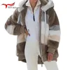 S-5XLレディースジャケット冬カジュアルな暖かい豪華な緩いフード付きレトロソフトジッパーのフェイクの毛皮コートポケット長袖レディース210922