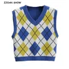 Preppy Style Blue Argyle Plaid Knitting Sweater Vest Women 90's Vintage Korean Clothing V Neck Crop top Tank Top Y2K Knitwear 210429