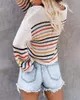 カラフルな縞模様のセーターの女性の秋のファッションショルダースラッシュネック長袖カジュアルルーズニットショートトップ210507