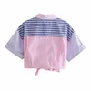 Verão rosa faixa poplin mulher camisas moda streetwear colheita tops mulheres button de manga curta para cima camisa de colarinho nó bainha 210430