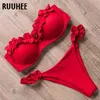 Ruuhee Bandeau Bikini Stroje kąpielowe Kobiety Swimsuit Sexy Ruffle Set Push Up Suit Suit Siatek Brazylijski Leopard 210702