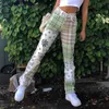 Rapwriter Streetwear Checker Patched Ripped Straight Jeans Girls Fashion High Waist Kvinna Vintage Plaid Denim Byxor Kvinnor 210915