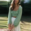 Camicetta da donna con colletto quadrato e coulisse, maniche a lanterna, moda primaverile, casual, verde chiaro, top 210514