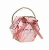 Candy Box Creative Pink Gray Marble Texture Gift Wrap Octagonal Paper Boxes With Ribbons Portable Candies Present Bags Handles Wedding Party Package 10pcs WMQ1092