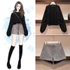 Korean 2 Piece Sets Outfits Women Plus Size Beading Sweater Pullover And Grey Shorts Suits Fashion Set Autumn Winter 210513