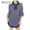 BFDADI Plus Size Autumn Long T Shirts Women Casual Stripe Loose Stand Up Collar Rolled Edge Design Tees Tops 210317