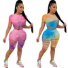 Summer Women Jogger Suits Plus Size Tie Dye Outfits Ripped Tracksuits Short Sleeve T Shirts+Short Pants Two Piece Set Sportwear Casual Letters Sweatsuits 4903