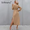 Sollinarry Abito longuette dritto con collo a camicia Abito femminile cachi con spacco a bottoni a maniche lunghe Abito da donna elegante casual da ufficio 210709