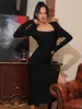 Ladies Halter Square Neck Bow Long Sleeve Black Bandage Dress Woman Tight Sexy Chic Midi Celebrity Party 210527