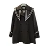 Women Black Notch Collar Button Pocket Trench Solid Double-Breasted Sailor Chic Elegant Autumn Spring C0366 210514
