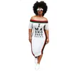 Sexig Stripe Flat Shoulder Letter Print Short Sleeve Bodycon Klänningar för Kvinnor Mode Casual Streetwear S-XXXL X0521