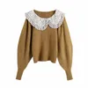 Mulheres Impresso Shawl Collar Splicing Tricô Sweater Feminino Manga Longa Pulôver Casual Lady Tops SW988 210430