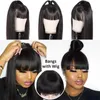 Black Women's Long Straight Lace Front Wig Brazilian Virgin Heat Resistant Synthetic Hair Wig with Neat Bangs No Glue Machine Made