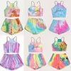 Tie Dye Print 2 Piece Set Casual Summer Gradient Colored Crop Top Wide Leg Shorts Pants Set Beachwear Women Tracksuit Streetwear X0428