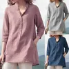 Kvinnor skjorta bomull linne v nacke blus solid ficka Shirts Casual 3/4 ärm höst lösa blusar kvinnliga tunika toppar 210721