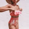 Ingaga bandeau baddräkt kvinnor hög midja bikini set sexig ruffle baddräkt randig utskrift Biquini sommar strand baddräkter 210318