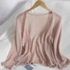 Sommer wilde lässige gestrickte kleine Strickjacke für Damen Top Jacke Koreanische Rüschen V-Ausschnitt Bluse Strickjacken Hohlstrickpullover Frauen 210805