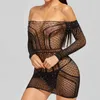 OMSJ Sexy Sparkle Bodycon Mini Transparent Dresses Off-shoulder Fishing Net Hollow Out Women Party Club Vestidos 210517