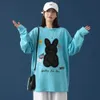 Heren Cartoon Rabbit Flocking t-shirts Longsleeve HIP HOP Oversized Harajuku Borduurwerk Sweatshirt Top Tees Herenkleding 210601
