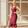 Summer Women Wine Red Mermaid Bandage Dress Sexy scollo a V senza maniche a metà polpaccio Club Celebrity Runway Abiti da festa 210423