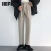 IEFB Tweed Straight Pants Men's Loose Personalized Design Chic Korean Thick Adjustable Button Waist Casual Woolen Pants 9Y5210 210524