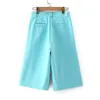 BLSQR LAKE Azul Terno Calça Mulher Bolos de Cintura Alta Escritório Senhoras Moda Loose Joelho Comprimento 210430