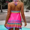 Parakini 플러스 사이즈 여성 수영복 비대칭 헴 기하학적 인 인쇄 수영복 장미 핑크 수영 드레스 팬티