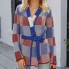 plaid knitted sweater cardigan tops women vintage autumn winter ladies lace up belt casaul 210427