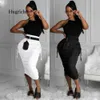 Falda midi de cintura alta fruncida Dstring Negro Blanco Casual Moda sexy Faldas para mujer Longitud media X0428