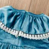 Baby / peuter kant vintage blauwe velet lange mouwen jurk 210528