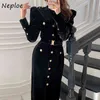 Chic Safari Style Split Velvet Dresses Autumn Stand Colar Straight Dress Puff Sleeve Single Breasted Vestidos With Belt 210422